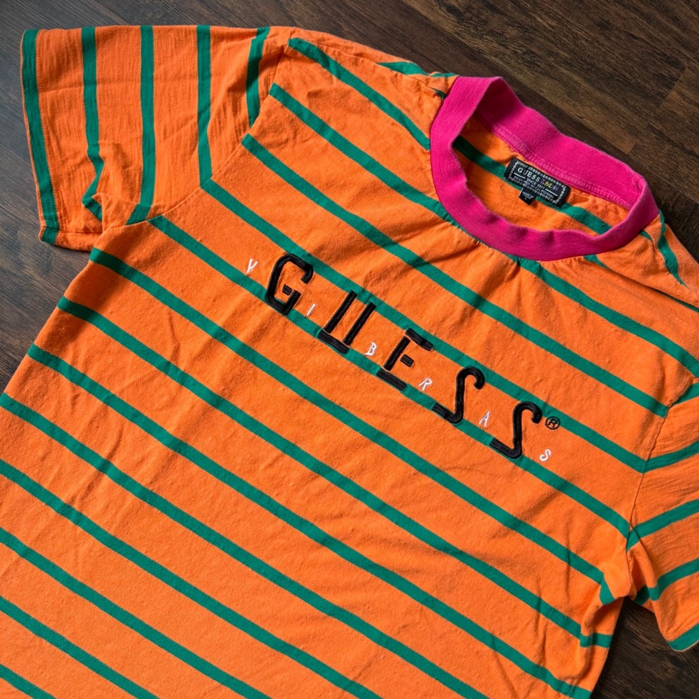 J. Balvin Vibras GUESS Orange Green Stripe T Shirt Men's L Retro‎ 2019 Reggaeton
